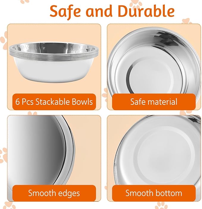 kathson 6 PCS Large Stainless Steel Dog Bowls, Replacement Metal XL Pet Puppy Food Water Bowl Set Suit for Indoor Outdoor, Dog Feeding Dish for Small, Medium, Large Dogs, Dishwasher Safe (8.9 in)
