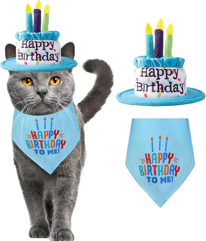 Puppy and Cat Happy Birthday Cake Hat & Bandana Scarfs Set with Colorful Candles Blue for Small Animas, Cat Birthday Party Supplies Decorations