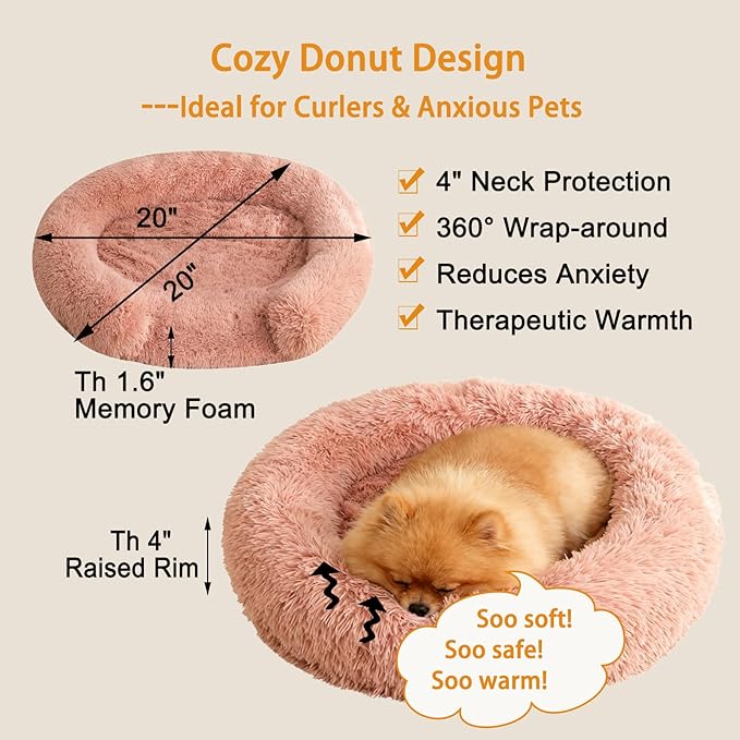 Calming Dog & Cat Beds for Small Medium Dogs Cats, Anti-Anxiety Pet Bed Orthopedic Donut Cushion, Soft Fluffy Faux Fur Warming Cozy Washable, Fits up to 15 lbs Pets (Round, Blush 20")