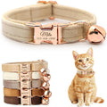 Personalized Non-Breakaway Cat Collar with Name, Luxury Soft Velvet Custom Engraved Name Collar with Bell for Kittens & Cats (Beige, S (6.5-10.5 inches))