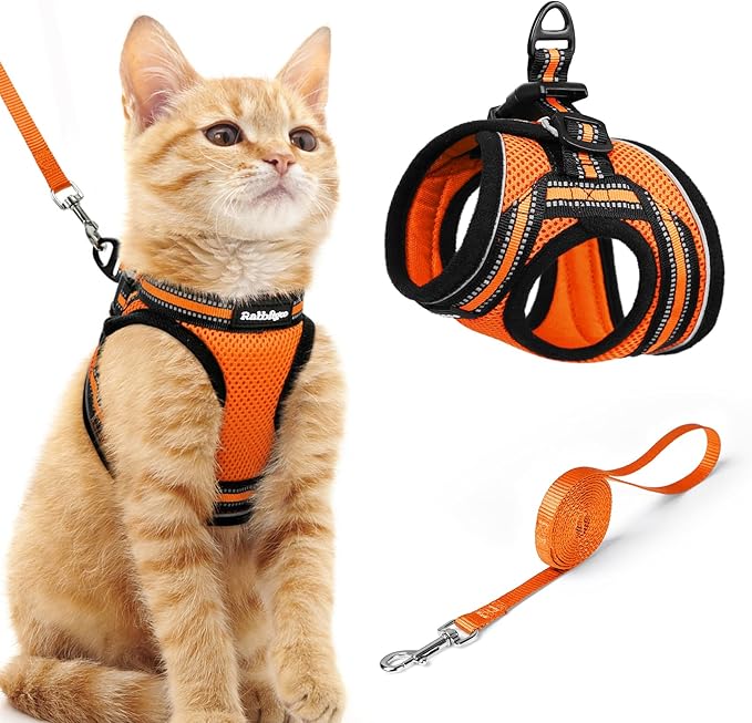 rabbitgoo Cat Harness and Leash Set for Walking Escape Proof, Adjustable Soft Kittens Vest with Reflective Strip for Cats, Comfortable Outdoor Vest,Light Orange,M