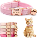 Personalized Non-Breakaway Cat Collar with Name, Luxury Soft Velvet Custom Engraved Name Collar with Bell for Kittens & Cats (Pink, S (6.5-10.5 inches))