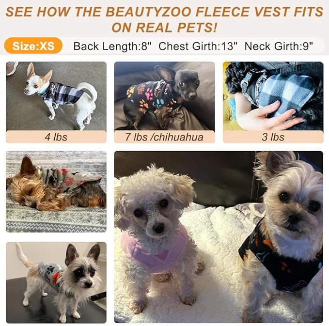 BEAUTYZOO XS Dog Sweaters, Soft Fleece Vest Pullover Dog Jacket with D-Ring Leash Attachment, Warm Winter Dog Clothes Cold Weather Doggy Chihuahua Sweater for Small Dogs Cats Boy or Girl, XSmall