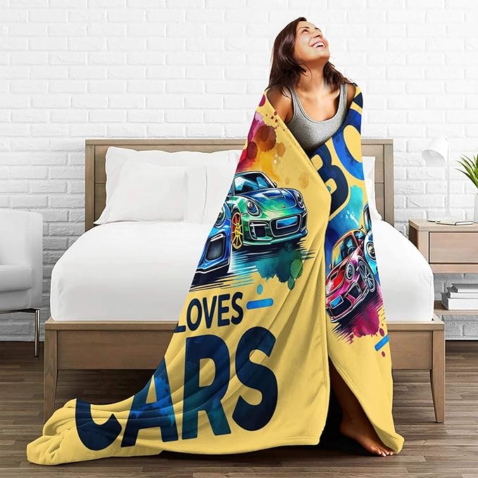SweetFox Just A Boy Who Loves Cars Blanket, Cars Decor Throw Blanket Gifts for Girls Boys Lovers Super Warm Soft Plush Fleece Flannel Winter Bedding Blankets for Kids Adults Men Women 80"X60"