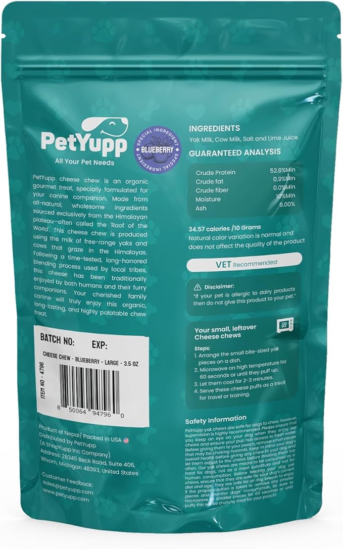 1 Large Blueberry Yak Cheese Himalayan Dog Chews - Rich Protein & Low Fat Blueberry Yak Chews for Dogs - Gluten-Free & Lactose-Free Treats for Small, Medium & Large Dogs