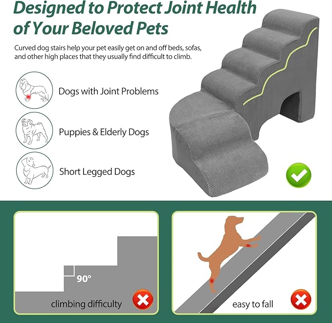 Dog Stairs for High Bed 28-32 Inches Tall, 6 Tier Non-Slip Pet Stairs Adjust to Left Side of Bed, Dog Steps for Small Dogs, Old Pets, and Injured Dogs, Gray