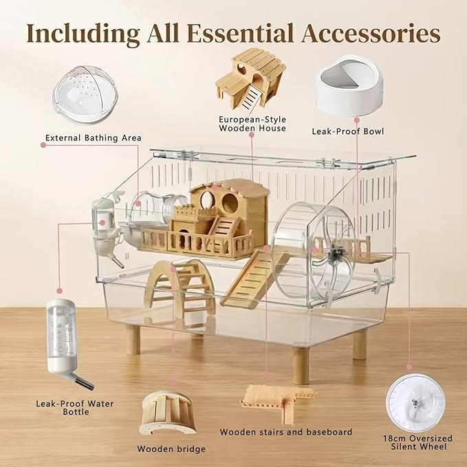 Chew-Resistant Acrylic Hamster Cage, Large Habitat with Enhanced Safety Lock System for Syrian & Dwarf Hamsters, Gerbils, Mice, Includes Full Accessory Set - 18.5" x 11.8" x 14.6"