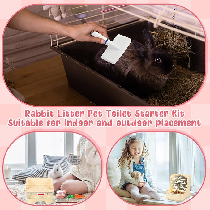 Honeydak 10 Pcs Rabbit Starter Kit Small Litter Box Bunny Grooming Kit Scratch Pads Hay Feeder Bowl Ice Pad with Bunny Toys for Guinea Pig Rabbit Accessories(Beige)