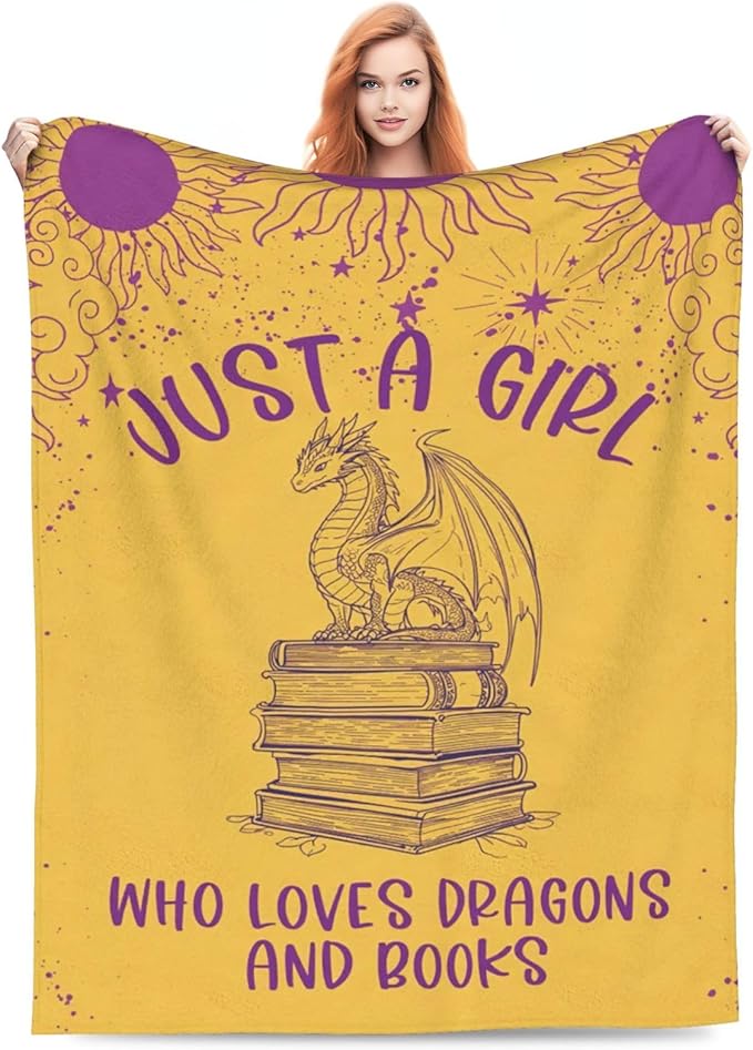 SweetFox Just A Girl Who Loves Dragons and Books Blanket Dragon Decor Throw Blanket Gifts for Girls Boys Lovers Super Warm Soft Plush Fleece Flannel Bedding Blankets for Kids Adults Men Women 60"X50"