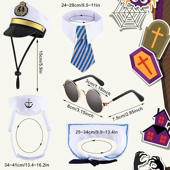 Weewooday 5 Pcs Halloween Cat Sailor Costume Set Captain Hat for Dog Cat Sailor Hat Small Pet Tie Collar Necktie Sunglasses Navy Costume Outfit for Puppy Kitten Halloween Cosplay Parties Photo Props