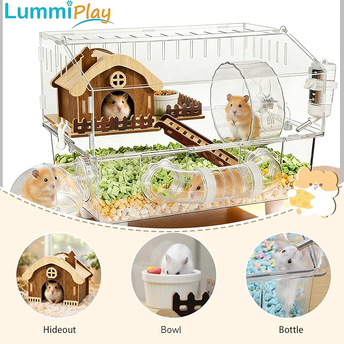 Acrylic Hamster Cage,8 in 1 Clear Transparent Habitat with All Accessories, Multi-Level Small Animal Enclosure with 2-Layer Platform、Hideout、Exercise Wheel、Bath、Bowl and Wheel、Bottle（17 * 13.4 * 11“）
