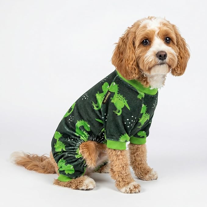 Fitwarm Dinosaur Dog Fleece Pajamas, Warm Clothes for Small Dogs Boy, Cozy Pet Onesie with Feet, Dark Green, Bright Green, XL