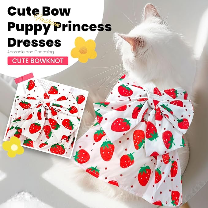 ABRRLO Cute Dog Dress Small Dog Clothes for Girls Female Puppy Outfits Red Strawberry Pet Summer Clothes Bowknot Doggy Cat Princess Dresses Harness for Holiday Birthday Party Costume Clothing (Red,M)