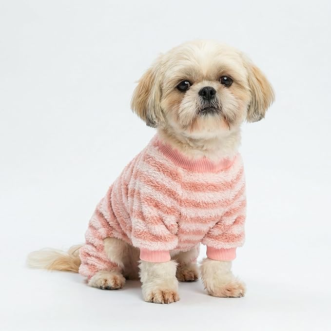 Fitwarm Fuzzy Fleece Stirped Dog Pajamas, Dog Winter Clothes for Small Dogs Girl, Cozy Dog Onesie, Pet Jumpsuit, Doggy Apparel, Pink, White, Small