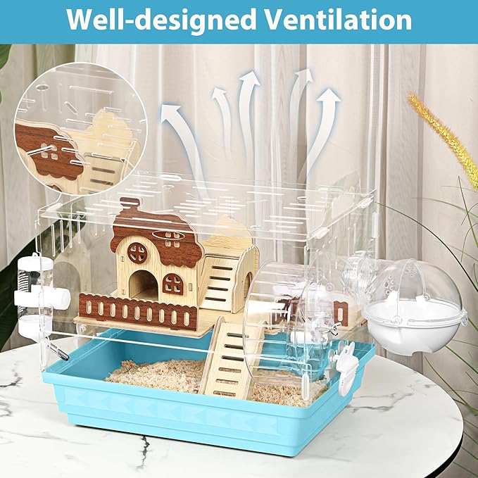 Hamster Cage Acrylic Hamster Habitats 360°Panoramic View Small Animal Cage for Rat Mice Dwarf Hamster, Gerbils, 13.3" L x 10.2" W x 12.4" H Hamster House with Water Bottle, Wheel, Hideout, Platform