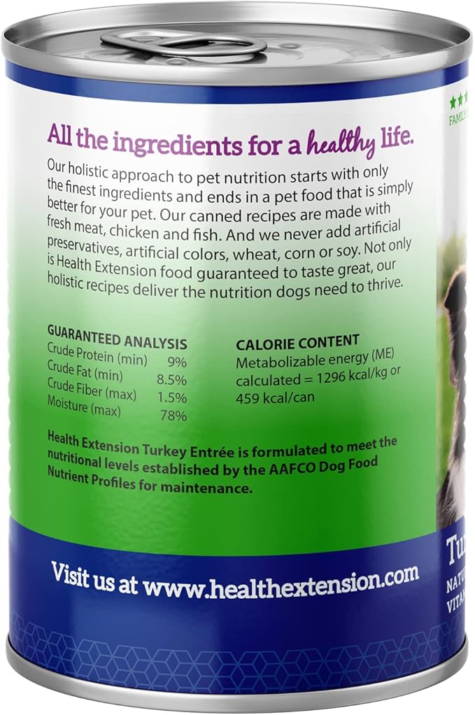 Health Extension Turkey Entrée Wet Dog Food Grain-Free, 12.5 oz – Protein-Rich Recipe, Hydration Support, Ideal for Sensitive Stomachs (Case of 12 Cans)