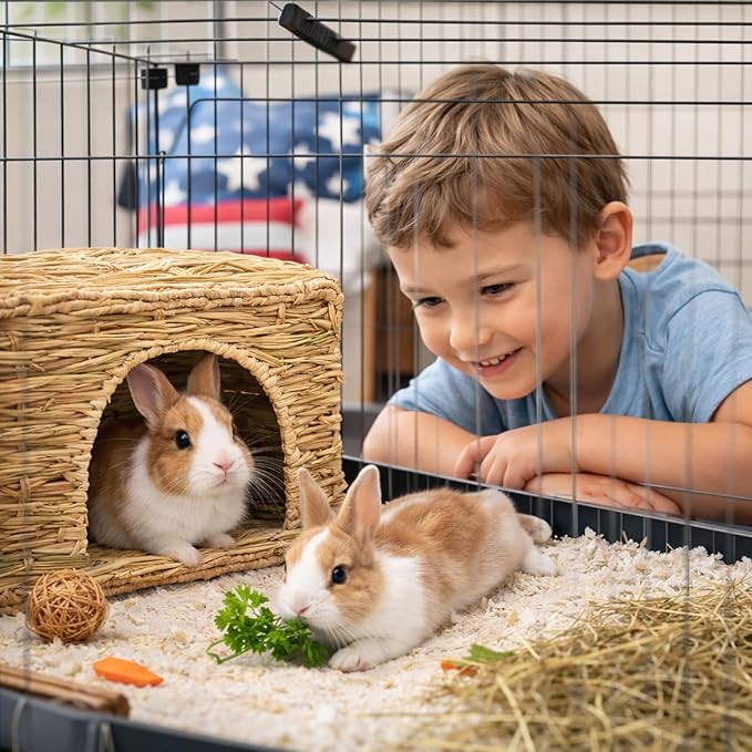 HERCOCCI Extra Large Grass House for Rabbit, Foldable & Comfortable - Small Animal Hut Play Hideaway Bed Hay Mat Chew Toy for Bunny Guinea Pig Hamster Chinchilla (2 Pack)