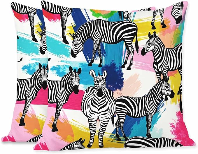 Throw Pillow Covers Black White Zebra Tropical Jungle Colorful Painting,Set of 2 Square Decorative,Cushion Pillows Cover for Couch and Bed for Men/Women 18X18 Inch