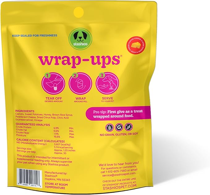 Stashios: Wrap-Ups: Pill Wrapper - Cheese - 30 Servings Bag, Dogs & Cats, Pet Treat Hides Any Size Pills, All Natural Limited Ingredients, USA Made