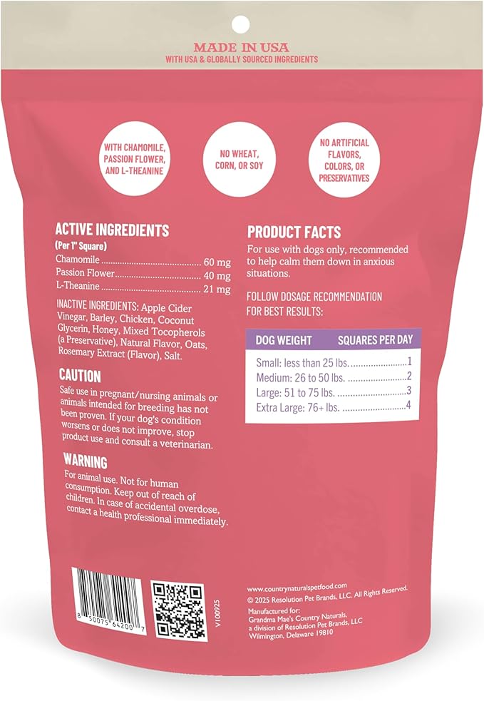 Grandma Mae's Country Naturals Jerky Squares Calming Dog Treats, Chicken with Chamomile, Passion Flower & L‑Theanine, No Wheat, Corn, or Soy, Made in USA, 5 oz