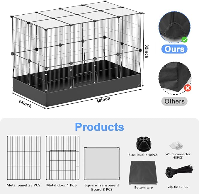 Tresbro Guinea Pig Cage with Waterproof PVC Bottom Liner & One-Hand Release Hook, Triple Fixing C&C Cage for Guinea Pigs, Bunny, Rabbit, Hedgehog, Small Animal Indoor Playpen 48''L x 24''W x 31.5''H