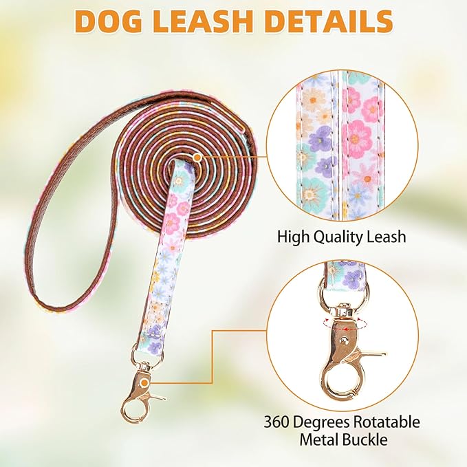 KOOLTAIL Spring Dog Collar and Leash Set with Bowtie and Bells - Cute Fancy Puppy Collar and Leash for Boy or Girl with Flower Pattern, Soft Leather Tangle Free Leashes for Small Dogs,Cats