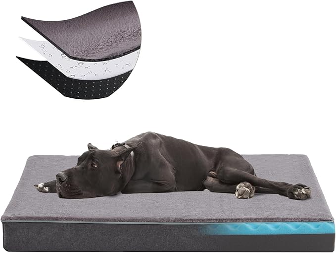 Cooling Dog Beds for Dogs, Orthopedic Memory Foam Dog Bed，Washable Pet Beds for Crate with Faux Fur Cover, Waterproof Lining (Grey, XXX-Large: 50" x 34" x 4")