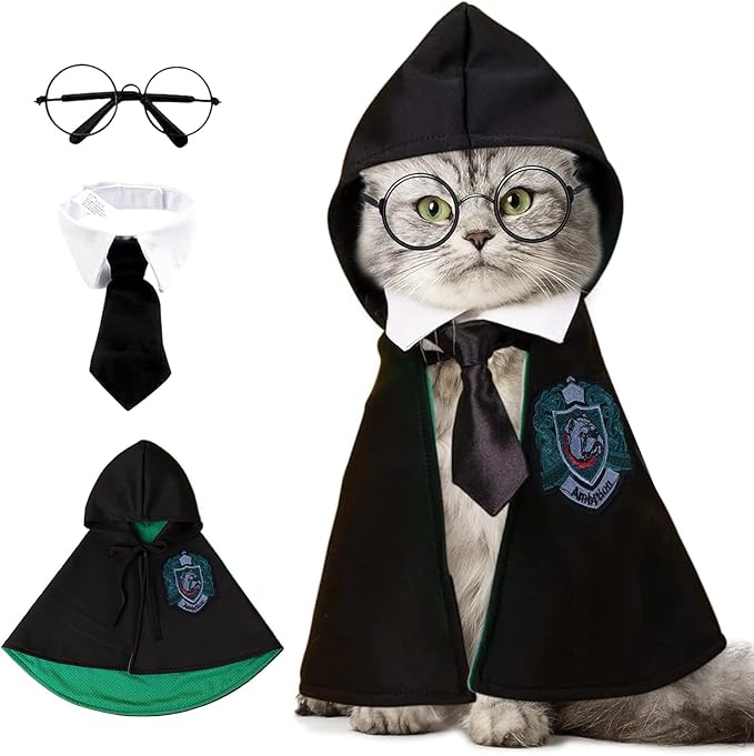 Cat Halloween Costume - Pet Wizard Costumes Mantle Magician Cosplay Clothes with Bowtie & Glasses Set, Festival Party Apparel for Small Pets Cats Dogs
