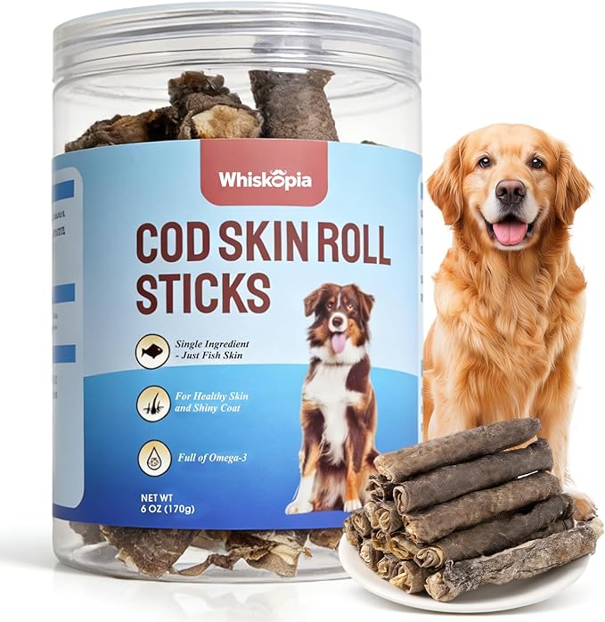 Cod Skin Rolls for Dogs Single Ingredient Fish Skin Dog Treats for All Breeds Dental Treats for Teeth Cleaning Rich in Omega-3 Dog Snacks Cod Skin Chews for Medium and Large Dogs 6 oz