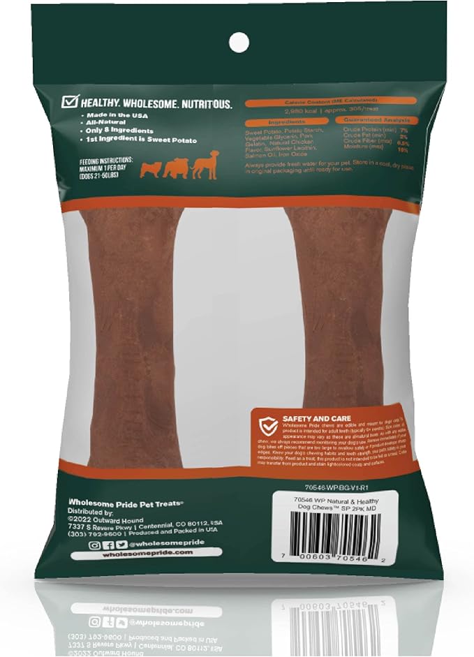 Wholesome Pride Natural & Healthy Sweet Potato Highly Digestible Dog Chews, USA Made, Medium - 2 Pack