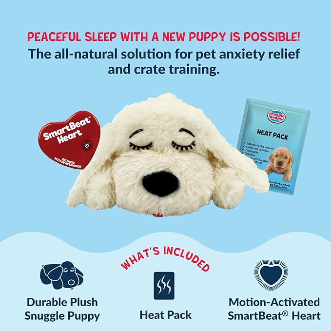 Snuggle Puppy Heartbeat Dog Toy for Puppies, Real-Feel Heartbeat, Calming Sleep Aid and Crate Training Comfort Toy with Heat Pack, Cream Plush Design