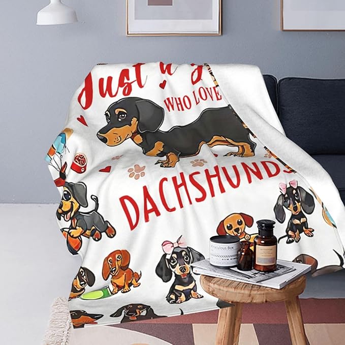 SweetFox Just A Girl Who Loves Dachshunds Blanket, Dachshund Dog Decor Throw Blanket Gifts for Girls Boys Lover Super Warm Soft Plush Fleece Flannel Bedding Blankets for Kids Adults Men Women 60"X50"