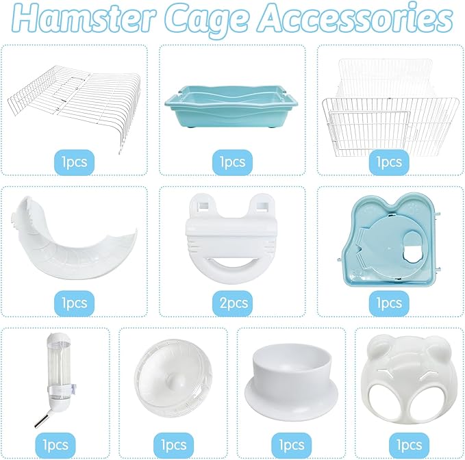PINVNBY Dwarf Hamster Cage, Small Animal Cages, 2-Tier Travel Portable Mouse Cage Hamster Carrier with Castle House Running Exercise Wheels, Water Bottle and Food Dish（Blue）