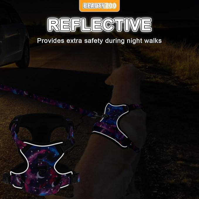 BEAUTYZOO No Pull Dog Harness and Leash Set for Medium Dogs, Adjustable Dog Vest Harnesses with 2 Metal Leash Clips, Reflective Oxford No Choke Escape Proof Step in Pet Vest with Handle, Purple M