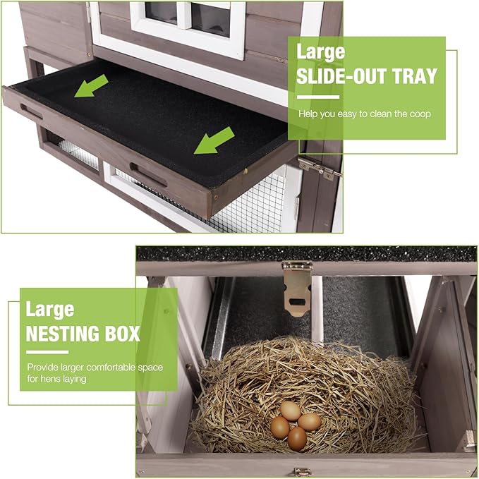 GUTINNEEN Chicken Coop with Wheels, Expandable Hen House Poultry Cage with Run, UV-Protected Roof, Divided Nesting Boxes, Easy One-Person Move, Ideal for 2 Adult Chickens or 4 Bantams, 72.3" L, Brown