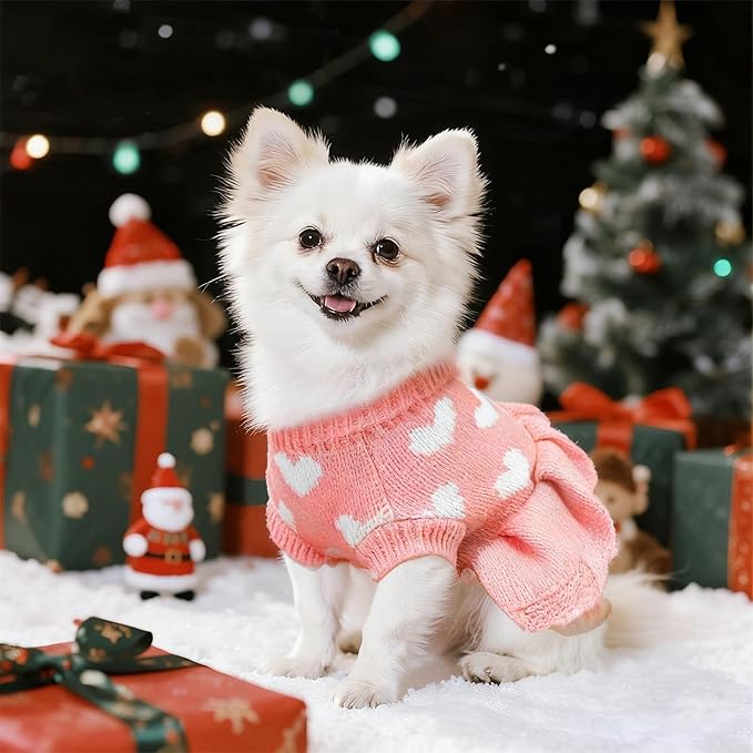 Dog Sweaters Heart Knitted Sweaters Dress Winter Coat Puppy Warm Holiday Clothes for Medium Dogs Cats Christmas New Year Valentine's Day （Medium, Pink）
