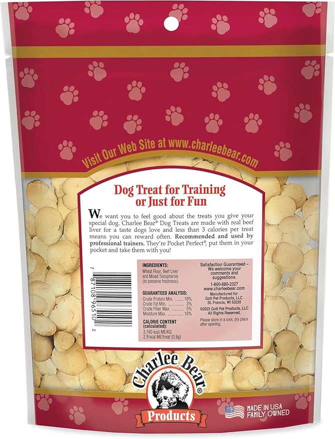 Charlee Bear Original Crunch Dog Training Treats, Beef Liver Flavor, 3 Calories Each, Low Calorie Natural Rewards for Puppies to Adult Dogs, Made in USA, 16 oz (4-Pack)