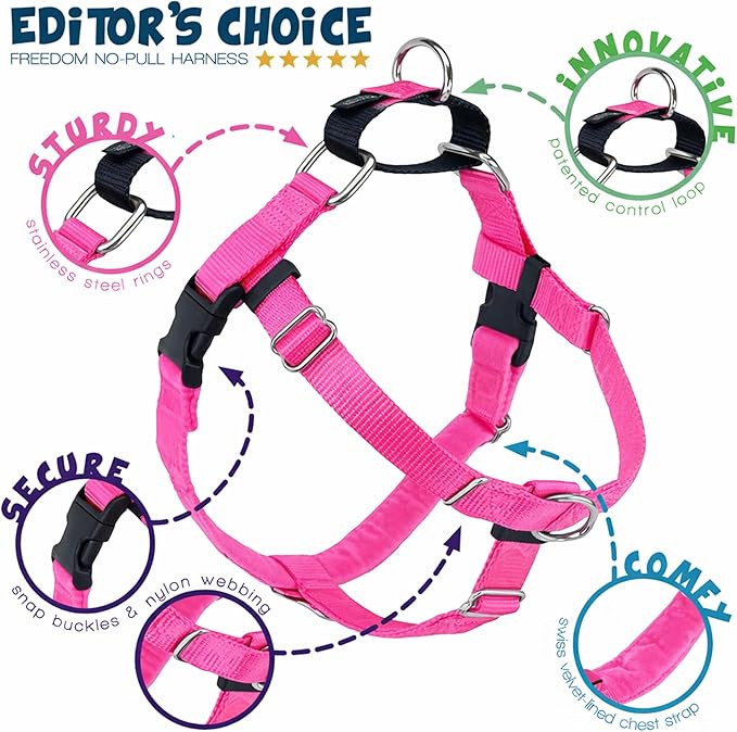 2 Hounds Design Freedom No Pull Dog Harness, Adjustable Harness, Easy Walking & Comfortable Control, Fits Small, Medium & Large Dogs, Solid Colors, Made in USA, 1" XL, Hot Pink