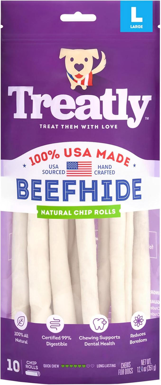 USA Beefhide Chip Rolls 10-11" Dog Chew Treats - Natural Flavor, 10 Count/1 Pack