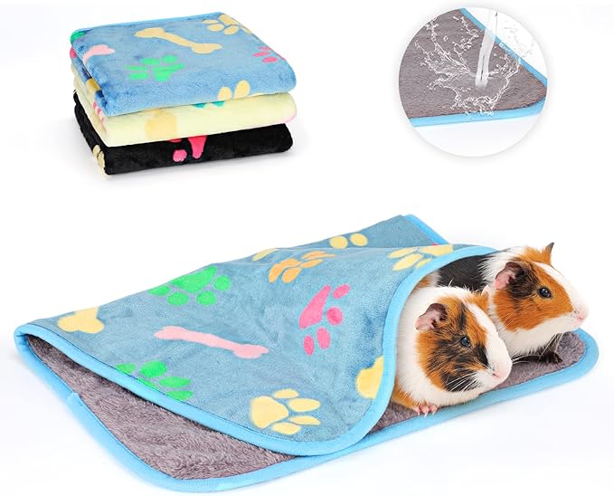 YUEPET 3 Pack Waterproof Guinea Pig Blankets Washable Small Animal Fleece Cage Liners Soft Pet Mat Pigs Bedding for Hamster Rabbit Chinchilla Ferret 35''×24'', Blue+yellow+black