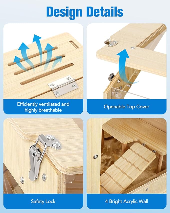 Wooden Hamster Cage and Habitat, Animal Cabinet for Dwarf Syrian Hamsters Degus, Complete Set of Needed Accessories, Openable Top with Acrylic Sheets, 24" L x 16 W x 16 H