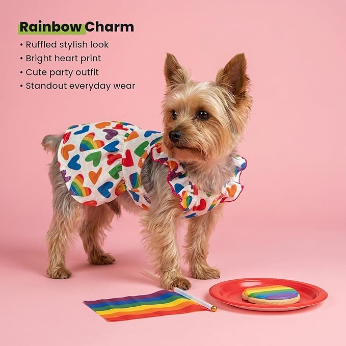 Fitwarm Colorful Heart Dog Dress, Summer Clothes for Small Dogs Girl, Cute Pet Rainbow Outfit, Red, Yellow, Blue, Green, White, XXS