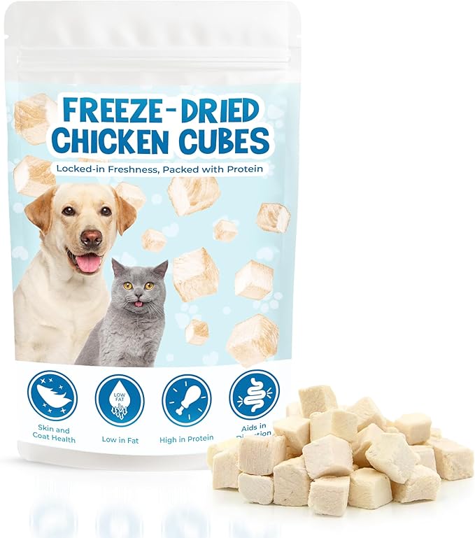 Vila Freeze-Dried Chicken Cubes, Pet Treats for Dogs & Cats, Pure Single Ingredient, High-Protein Snack Bites, Low Fat, No Fillers, Ideal for Training, Rewards and Meal Toppings, 3 oz