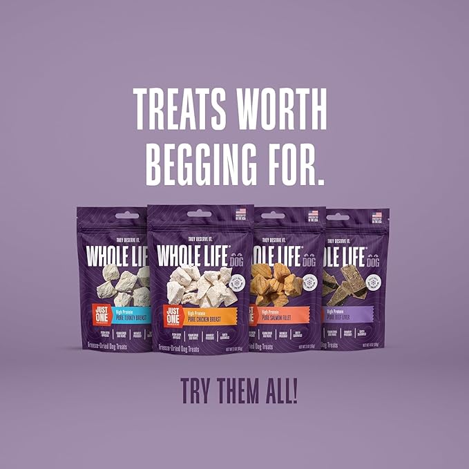 Whole Life Dog Just One Chicken Freeze Dried Dog Treats - Human Grade High Protein Food, Healthy Training Snacks, Freeze Dried Food Toppers, USA Made Natural Treats - 21 oz (Pack of 4)