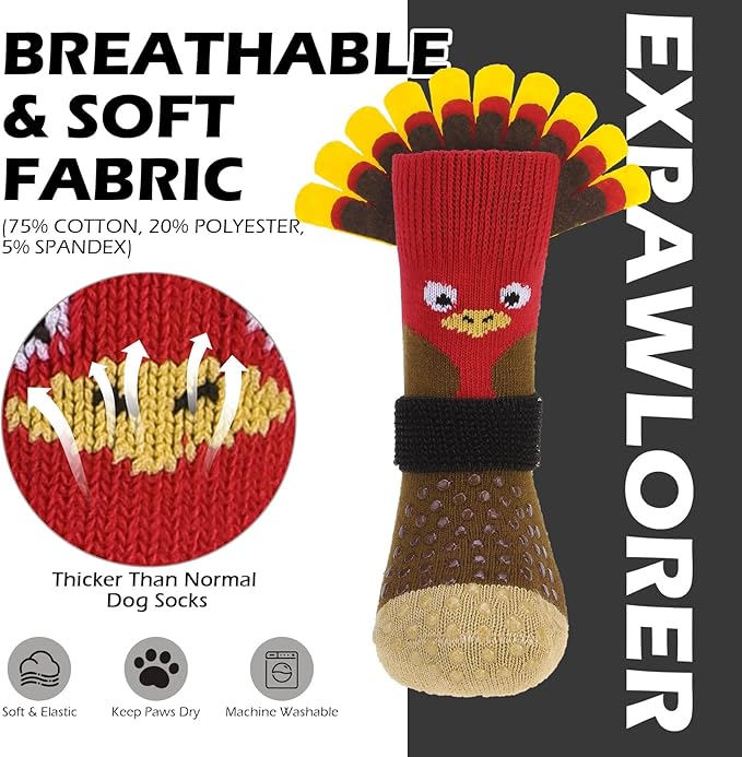 EXPAWLORER Thanksgiving Anti Slip Dog Socks to Prevent Licking Paws,Boots & Paw Protectors with Grippers,Doggie Booties for Hardwood Floors for Small Medium Large Senior Dogs Lifelike Costume Turkey L