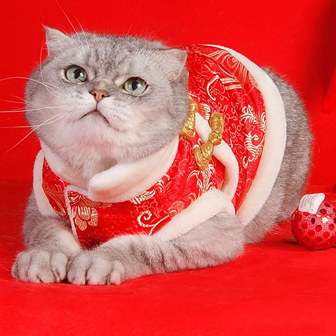SEIS New Year Cat Knot Buttons Coat Dogs Cheongsam Winter Pet Clothes Vest Christmas Costume for Cats Teddy Bichon Small Medium Dogs (White, S (Chest Circumference 45cm/ 17.7"))