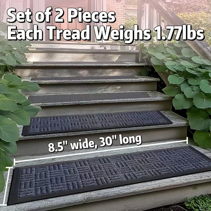 Aucuda 2pcs 8.5" x 30" Stair Treads Outdoor for Elders and Dogs on Wooden Steps, Non Slip Stair Runner Rug Heat Insulation Rubber Backing, Gray Staircase Mat Carpet for Indoor Grip Farmhouse.