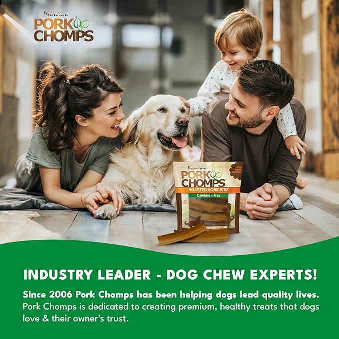 Pork Chomps Roasted Pork Skin Dog Chews, 6 Inch Rib Shapes, 10 Count, Pack of 1 - Long-Lasting Treats for Dogs - High Protein, Rawhide-Free, Low Fat, Healthy & Delicious Chews