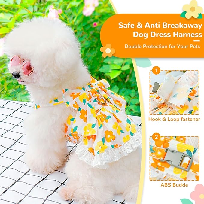 ABRRLO Dog Harness Dress Leash Set for Small Dog Summer Clothes Girl Female Puppy Cats Outfits Cute Floral Bowknot Princess Birthday Dress for Extra Small Pet Doggie Kitten Outfits Apparel(Yellow,XS)
