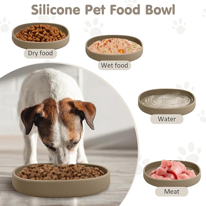VCEPJH 2 Pack Silicone Dog Plates for Food Shallow Pet Bowl Flat Puppy Food Bowl Whisker Fatigue Cat Feeding Bowls Noiseless Dishes for Dry and Wet Food (Square-Round Brown)